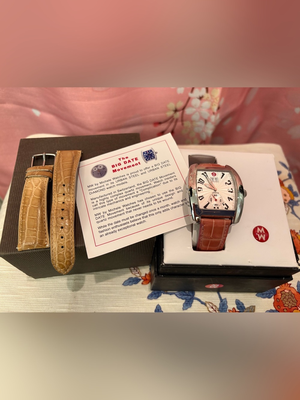 Michele Urban Steel "Big Date" Watch Full Set incl. 2 Alligator Watch Straps